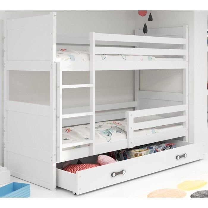 Lit superposé RICO 90x200 Bois Massif Barrière de sécurité Sommier Tiroir Séparable en 2 lit (Blanc+Blanc) Interbeds