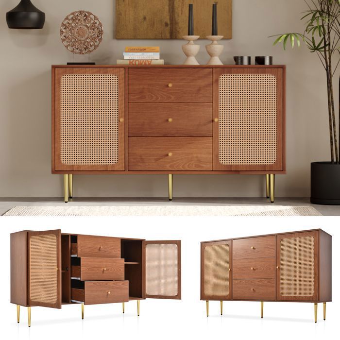 Buffet 2 portes et 3 tiroirs MDF laqué et cannage en rotin naturel - L 150 x P 40 x H 90 cm pied en métal Noyer