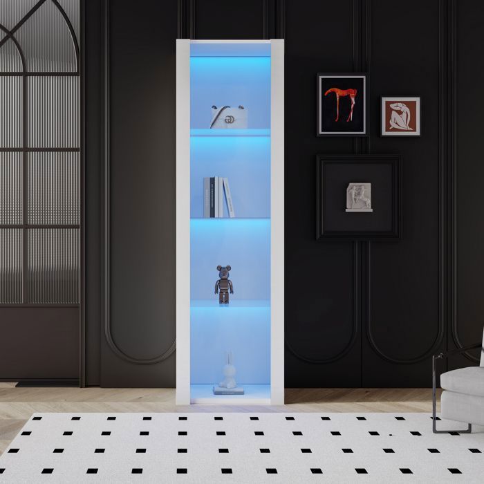 Vitrine LED Blanche 55x38x166cm - 3 Étagères En Verre - Armoire Haute Lumineuse & Casier Design - Éclairage Moderne Intégré