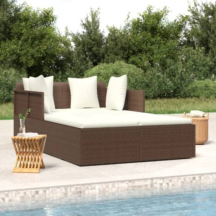 99620& Bains de soleil avec coussins marron 182x118x63 cm résine tressée - L182 x P118 x H63 cm - tissu 100 % polyester