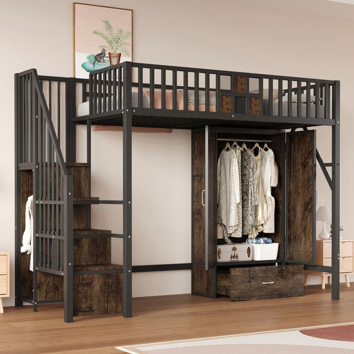 Lit Mezzanine Métal 90x200 - Style Industriel - Armoire Spacieuse - Échelle avec Rampes - 1 Place - Noir - EN747