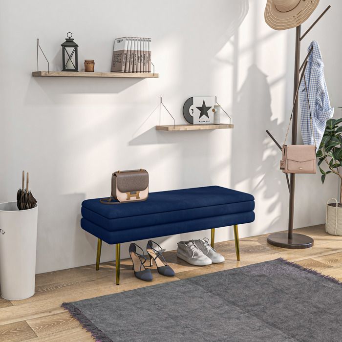 Banc banquette coffre de rangement 2 en 1 assise aspect velours et pieds acier - 100 x 375 x 42 cm bleu et doré