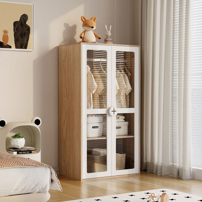 Armoire enfant 2 portes vitrées blanc & bois naturel 80x50x150 cm avec tringle étagères coulissantes et poignées biscuit