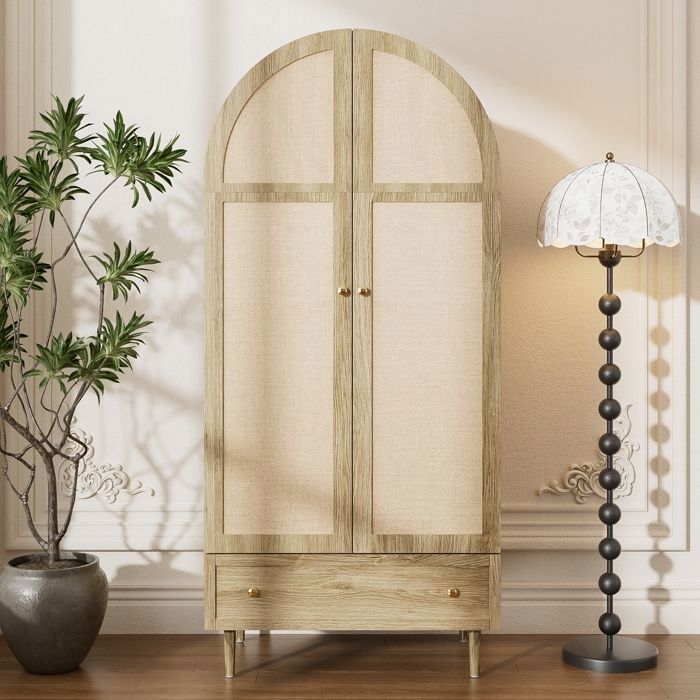 Armoire de Chambre avec Portes en Tissu et Tiroir Penderie Élégante Meuble de Rangement pour Dressing Aspect Noyer Pieds en Bois