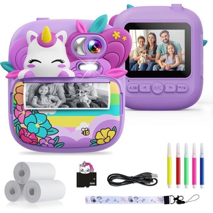 Appareil Photo Instantané Enfant – 1080P – Écran 2,4″ – Impression Sans Encre – 32 Go – Cadeau 3-12 Ans