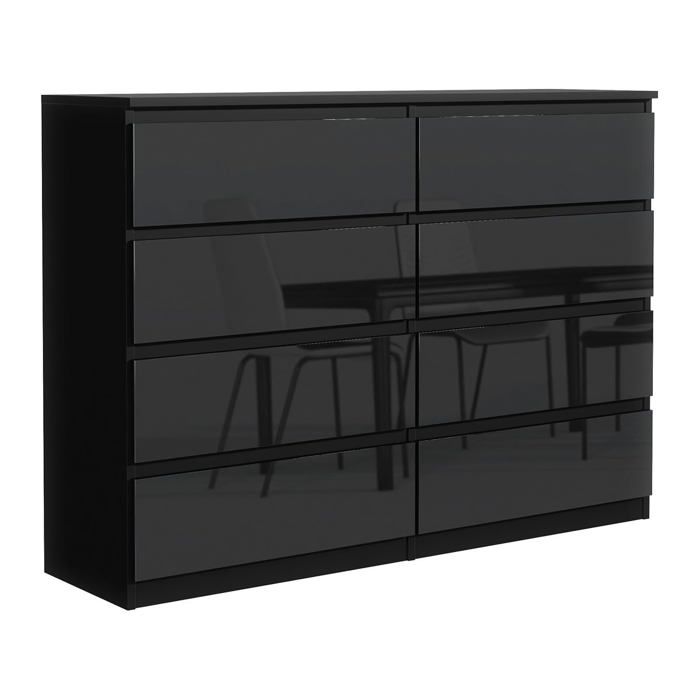 Commode 8 tiroirs - Meblocker - 140 cm - Meuble de Rangement Spacieux - Salon Bureau chambre à couche & enfant - Noir Brillant