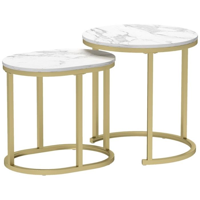 Lot 2 Tables Basses Empilables-Rondes Acier Blanc Or-Structure Stable-Blanc Or 50x50x50.5cm-Decoration Salon Chambre