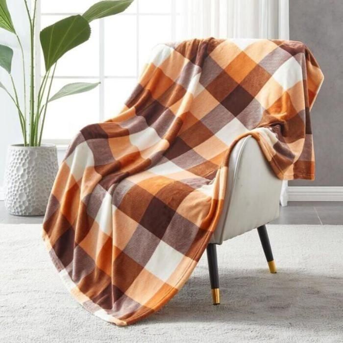 Couverture - KZQ - Plaid Polaire - 150x200 cm - Orange - Flanelle à Carreaux