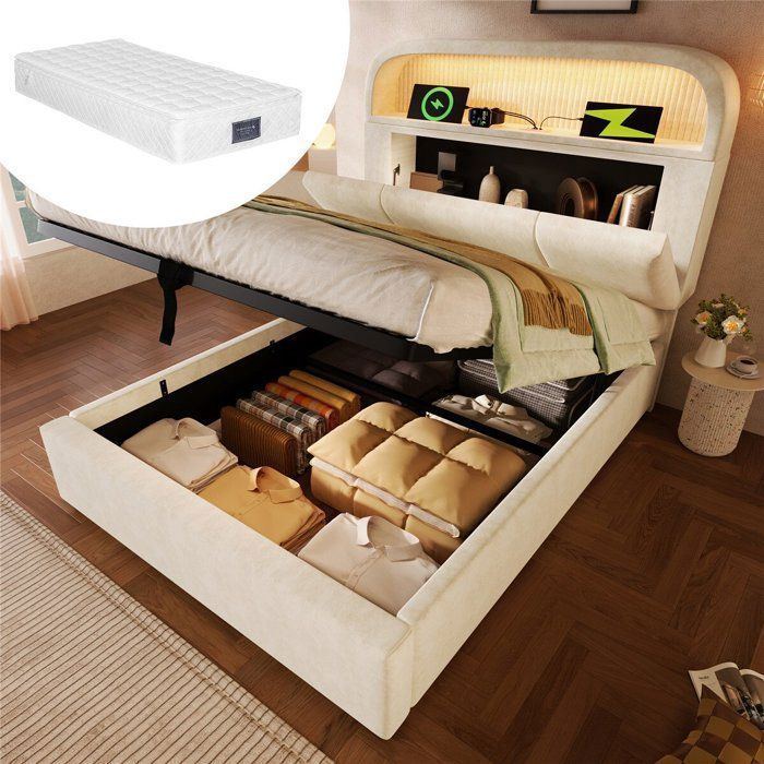 Lit 90x200 avec sommier et matelas lit coffre beige avec LED port USB A/C tete de lit ajustables et rangement pour ado velours