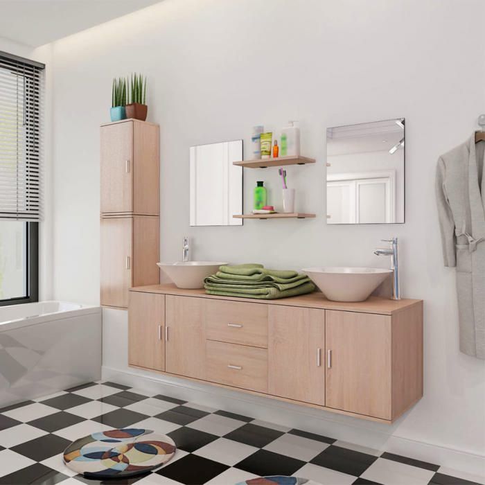 Mobilier de salle de bain avec lavabo - vidaXL - 9 pièces - Beige - Aggloméré - Lavabo en céramique - 150x45x45 cm