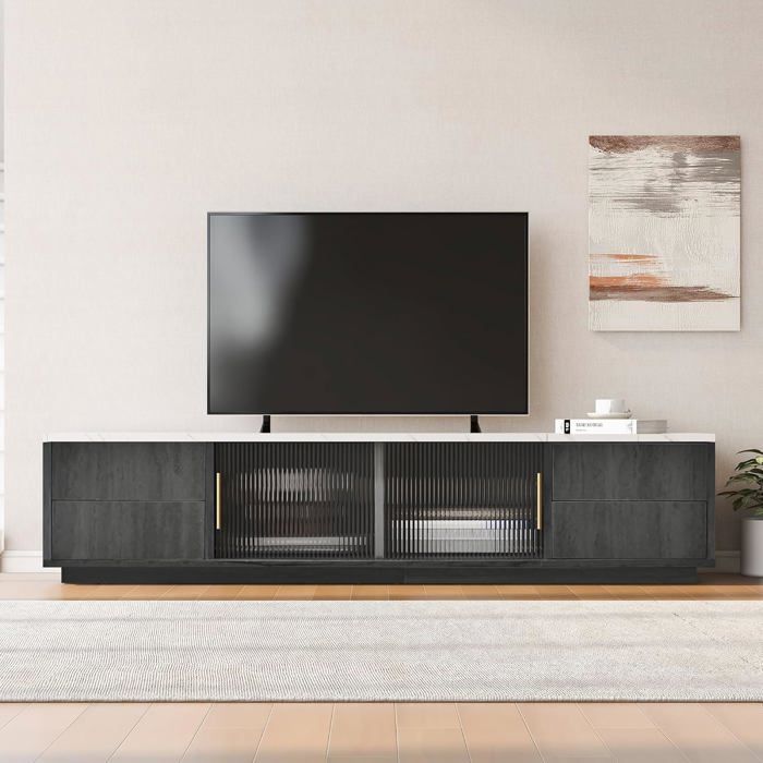 Meuble TV de 160 cm pour TV de 70 - Avec plateau de table aspect marbre 4 tiroirs push-to-ouvertsMeuble bas moderne pour salon