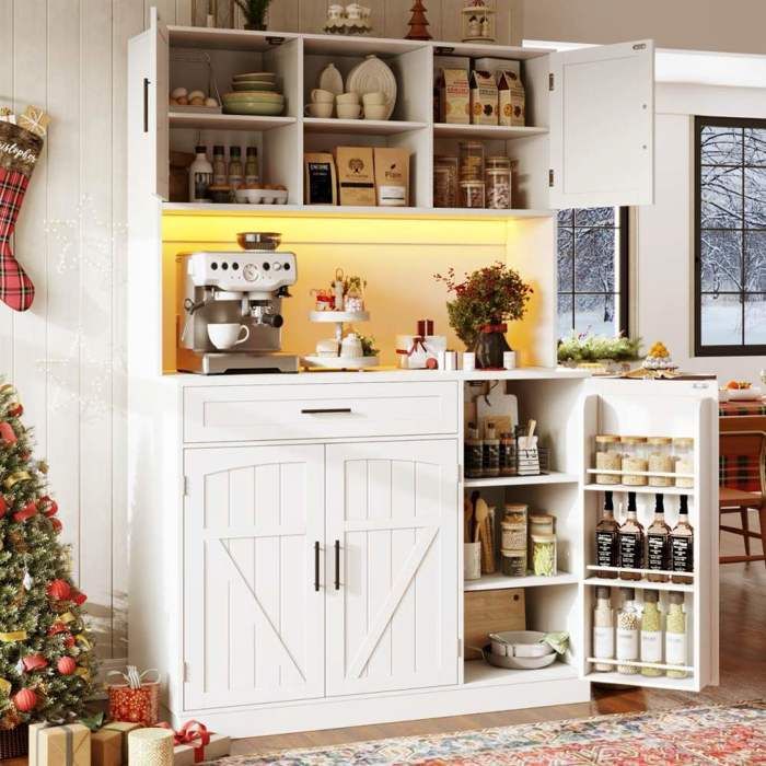 Meuble Buffet haut de cuisine blanc avec éclairage LED -Armoire salle à manger en bois-Style Scandinave -L 110 x P 38 x H 180 cm
