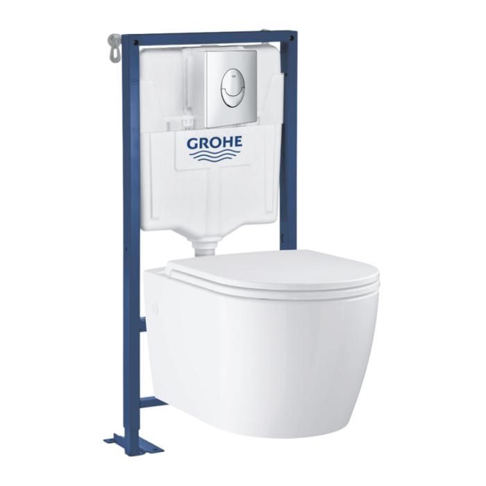 Grohe Pack WC suspendu sans bride Start Round Ceramic + Abattant frein de chute + Bâti support autoportant + Plaque de commande