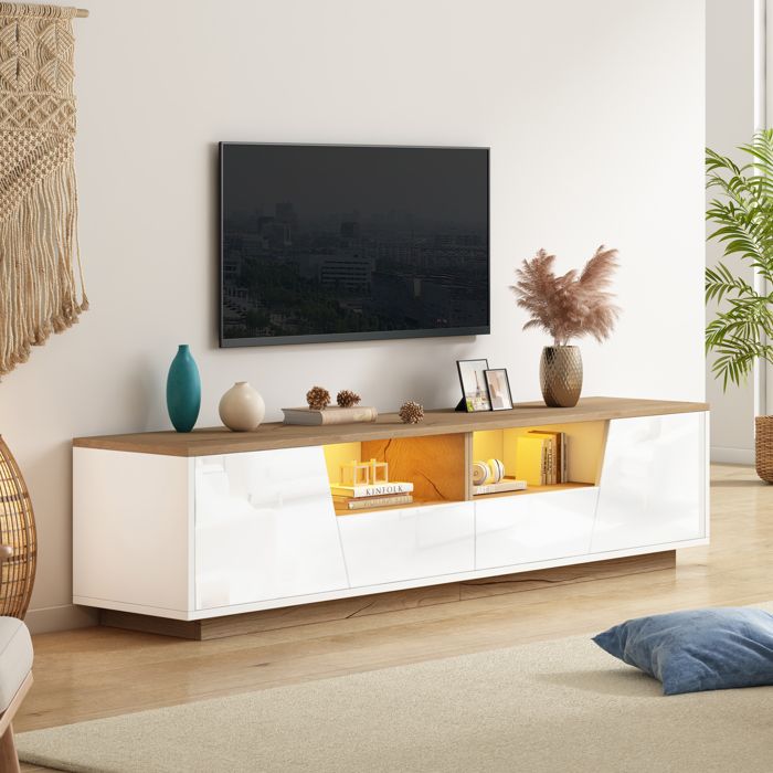 Meuble TV avec éclairage LED équipé de 2 tiroirs et étagères de rangement ouvertes meuble TV haut brillant longueur 180 cm blanc