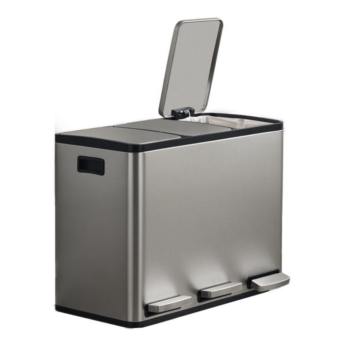 Poubelle à Pédale 3 x 15 L Tri Sélectif Seaux Amovibles Acier Inoxydable pour Cuisine Argent