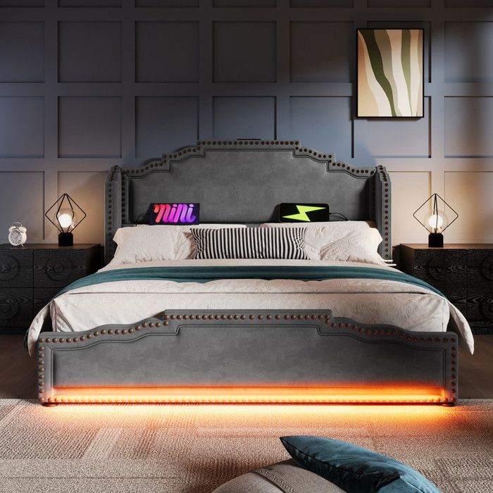 Lit rembourré avec rangement - 140x200 cm - Gris - Velours - Éclairage LED - Ports USB-C - 4 tiroirs - Sommier à lattes