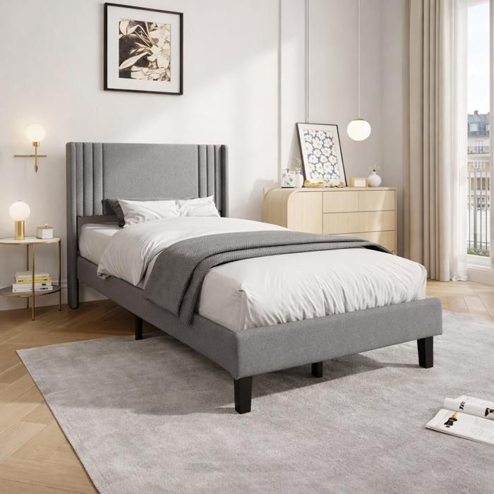 DADEA Cadre de Lit 90x200 Lit Simple Rembourré avec Tête de Lit et Sommier à Lattes Lit Capitonné pour Ado Tissu Effet Lin Gris