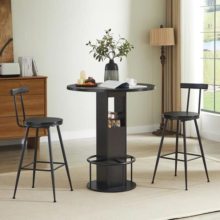 Ensemble de table de bar et tabourets 3 pièces Table a manger ronde de 80 cm et 2 chaise Table avec repose-pieds métallique Noir
