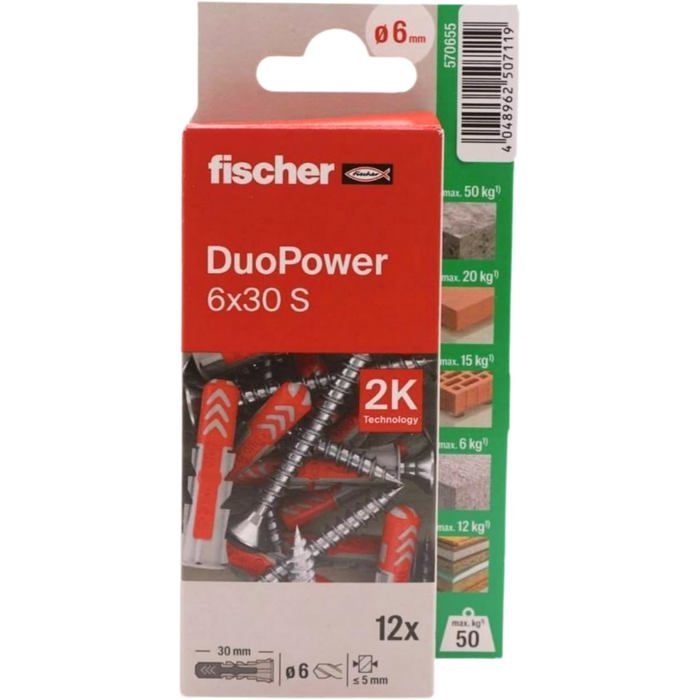 Fischer Duopower 6x30 chevilles avec vis 12 pcs matériaux pour fixer vélos cadres meubles étagères et TV