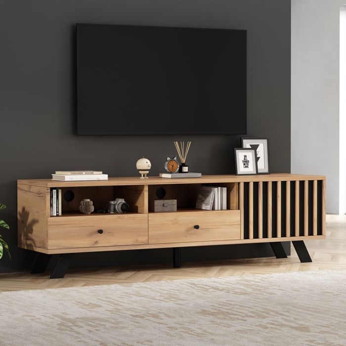 LPOSPI Meuble tv bas moderne avec 2 tiroirs et 1 porte meuble multimédia en panneau de particules - 150×38×44 cm couleur du bois