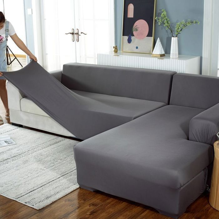 Housse de canapé dangle extensible - DEKOPRO - Gris - Pour canapé en L - 190-230 cm - Méridienne gauche/droite