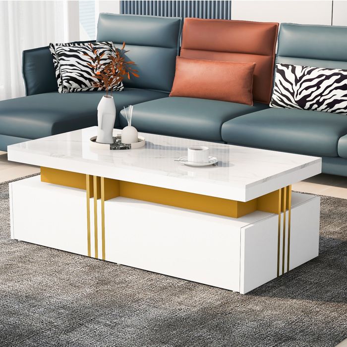 Table basse rectangulaire blanche effet marbre 2 tiroirs finition brillante