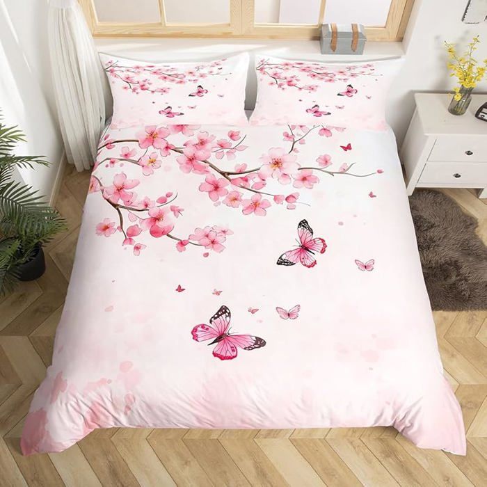 Parure de lit papillon cherry fleur 220x240cm 3 pièces style japonais rose pour décoration chambre femme ou fil PARURE DE COUETTE