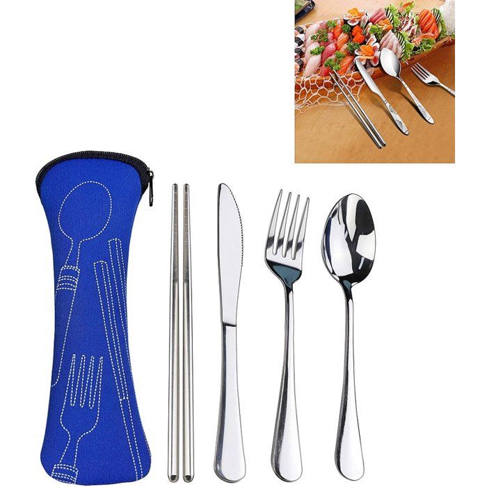 Set De Couverts De Voyage En Acier Inoxydable Avec Boîte 5 Pièces Réutilisable Camping/Pique-Nique Bleu 20 cm