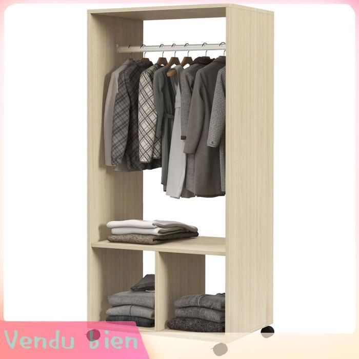 LIA Armoire penderie 2 niches roulettes bois naturel 60x40x128cm