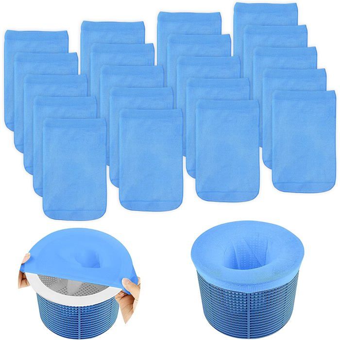 Chaussettes de skimmer pour piscine lot de 20. Filtres préfiltres en nylon élastique bleu pour panier de skimmer. - 20 Bl - 20 Blue