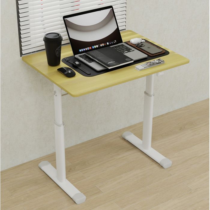 bureau assis-debout réglable à manivelle 80 x 60 cm hauteur 60-90 cm métal et bois clair Grjofek