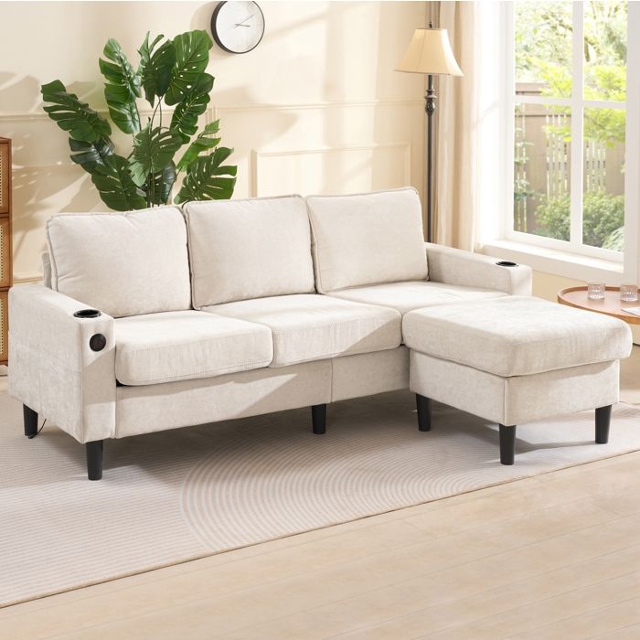 MEULVA Canapé d’angle 3 places en lin beige avec pouf modulable 2 USB 1 Type-C et 2 porte-gobelets