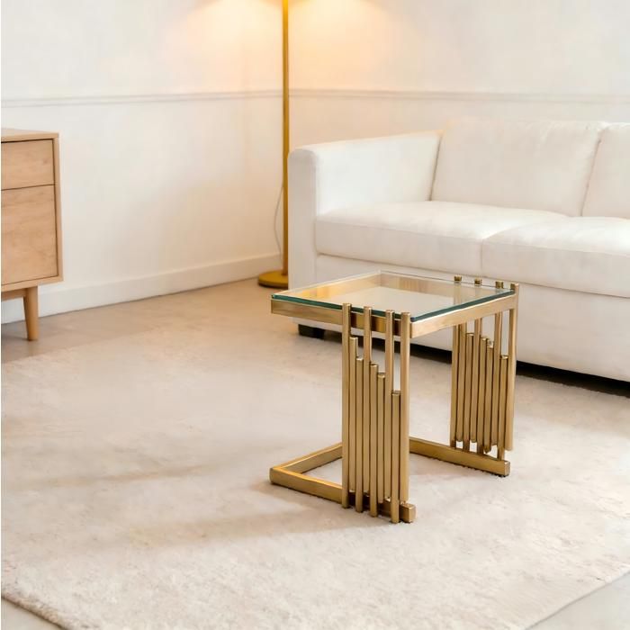 WOVREO table d’appoint carrée 41 x 41 x 46 cm en verre trempé transparent et acier inoxydable doré