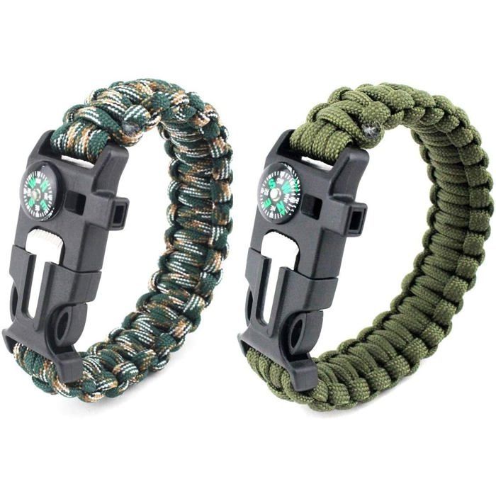 Paracord Bracelet de survie ® 2 pcs kit de survie avec Flint Fire Starter Raclette boussole sifflet et cordon de parachute