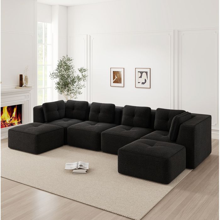 HOMVRA Canape modulaire d angle en U noir avec 2 ottomanes velours cotele sans montage