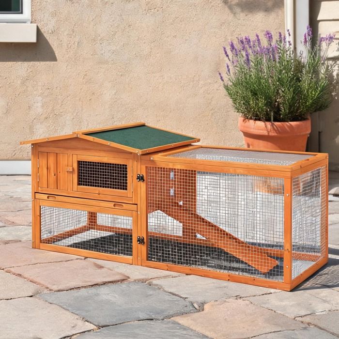 Grand clapier en bois de sapin avec toit asphalte 156 cm finition orange bac amovible et rampe