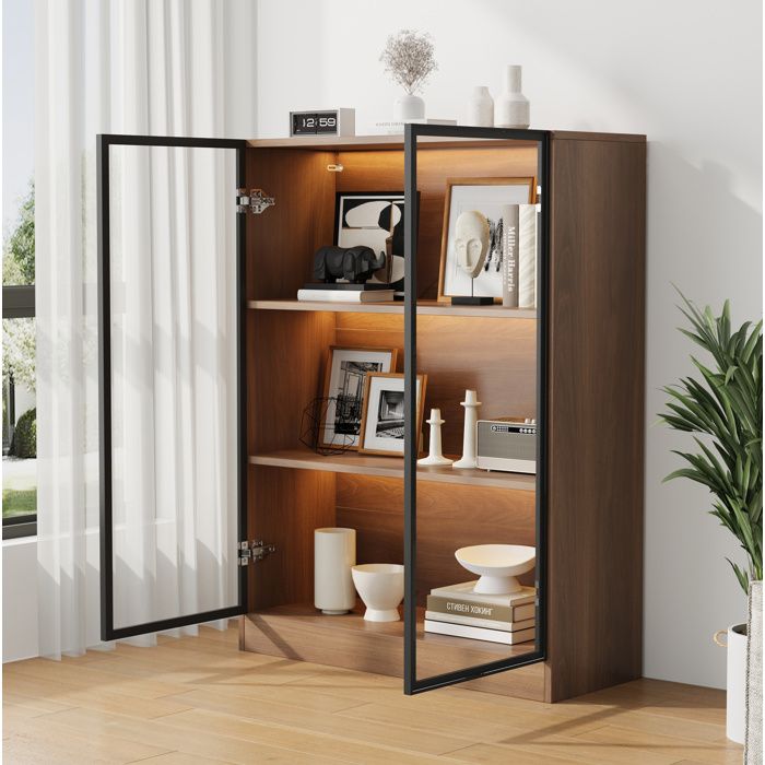 Vitrine en verre sur pied 80 x 32 x 106 cm avec éclairage LED 2 portes décor noyer naturel