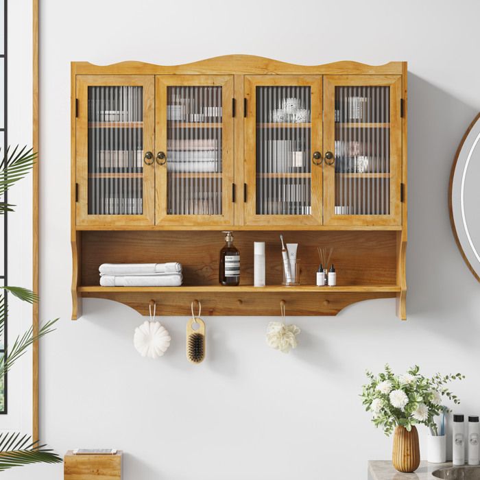 Armoire murale 4 Portes avec Étagère Ouverte et Espace à Crochets - HAVRYA - Rétro pour Cuisine Bois et Verre Naturel 100×20×80 cm