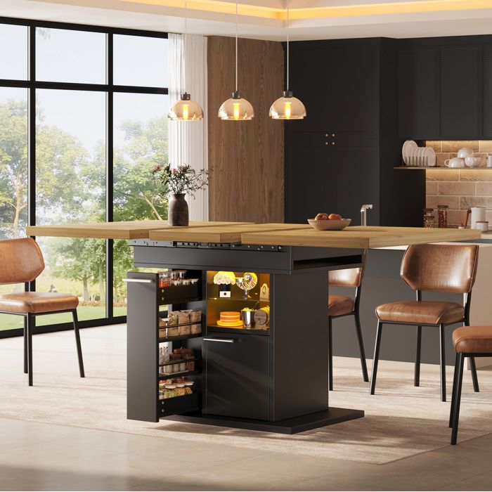 Table À Manger Extensible Noire Table Gain De Place FloraGrace Pour Petits Espaces Avec Rangements Et LED 110-140x80x772cm