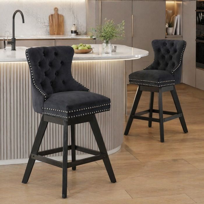 Tabourets hauts pivotants en velours noir lot de 2 décoration capitonnée et clous chromés