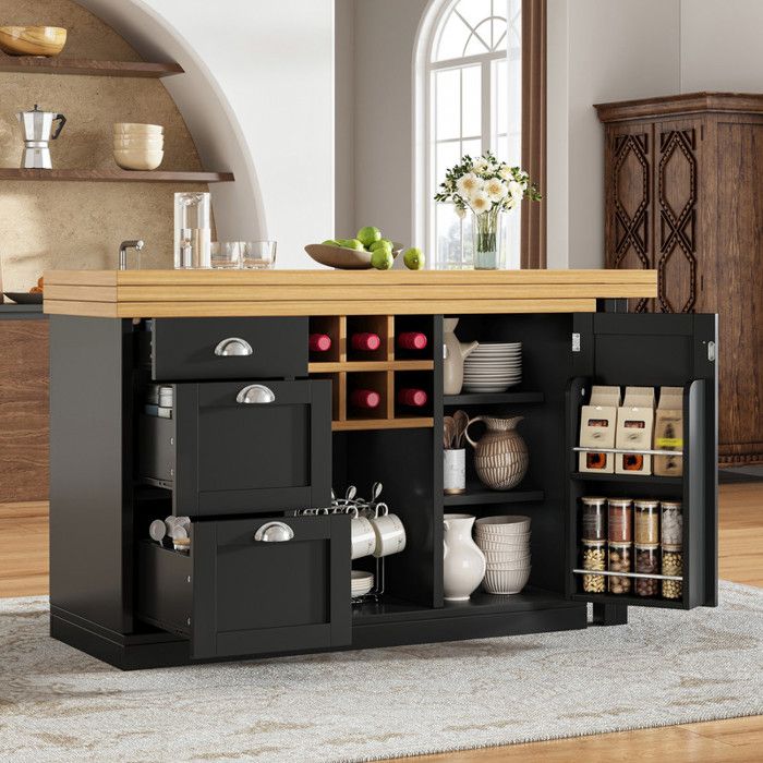 Piaenon - Îlot cuisine extensible 120×40×74 cm 3 tiroirs porte-snacks sur la porte étagères ouvertes petits appartements.