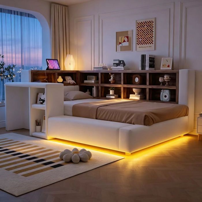 Lit combiné 1 place 90×200 cm LED prises rangements et tablette - BEAUNIV - sans matelas tissu beige