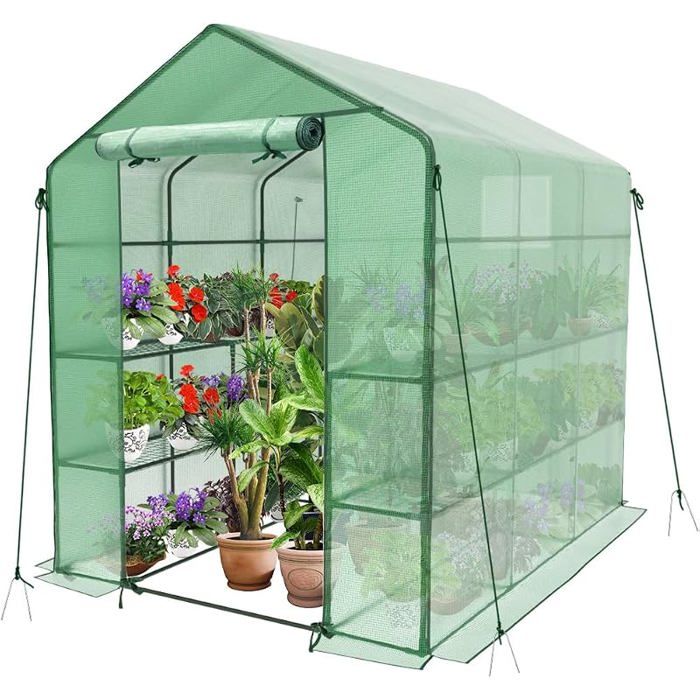 Serre de Jardin PE avec Étagères 3 Niveaux Serre de Jardin pour Légumes Pntes Fleurs Bâche Renforcée Vert 143x215x195cm