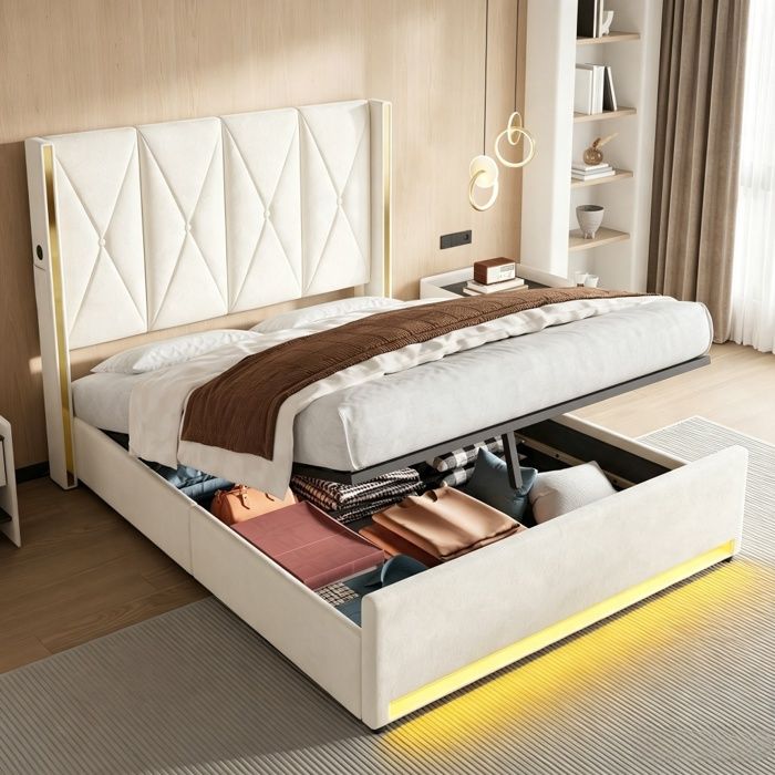 BELLEMAVE Lit coffre 160×200cm - avec ports USB éclairage LED et poches latérales - tissu velours - lit double -sans matelas -beige
