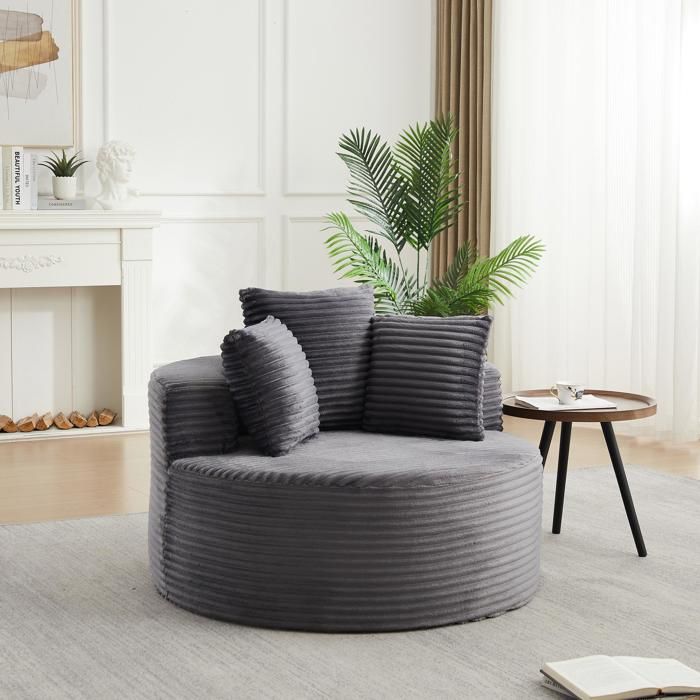 Fauteuil Simple - 110x110x82cm - Fauteuil Crapaud Pivotant/Fixe en Velours Côtelé avec 3 Coussins & Accoudoirs Larges - Gris