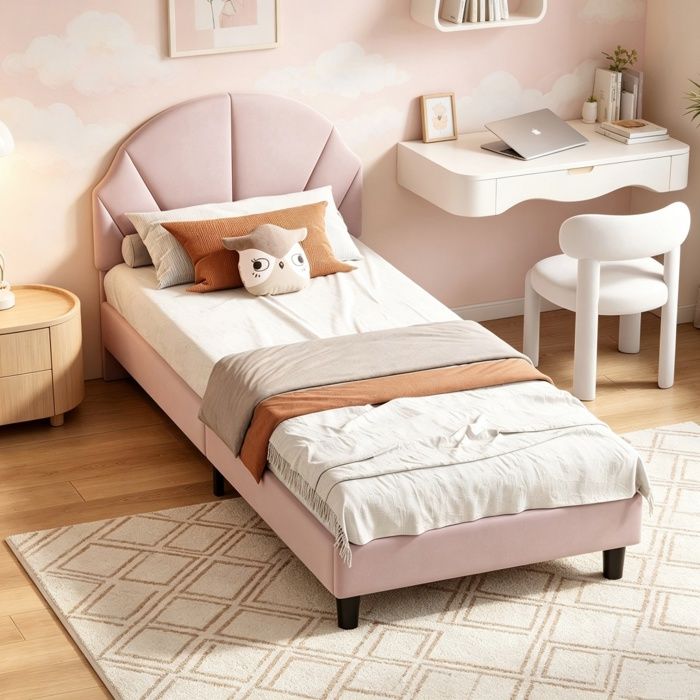 Lit enfant 90x200 - Avec tête de lit rembourrée réglable - Sommier à lattes - Structure de lit robuste - Velours rose