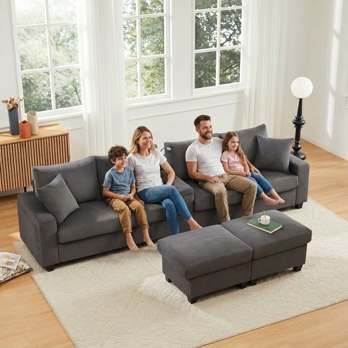 Canapé convertible - Canapé en U - Velours côtelé gris - 2 poufs & rangement - Lampe lecture réglable USB/Type-C
