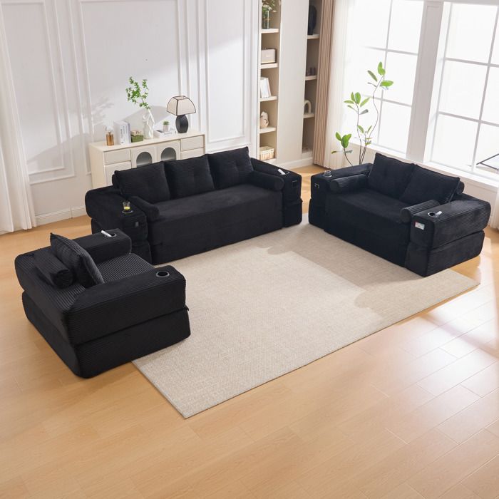 Canapé convertible 1 place - ZEVKOR - Velours côtelé - Noir - Assise mousse D30 - Matelas à ressorts porte-gobelet