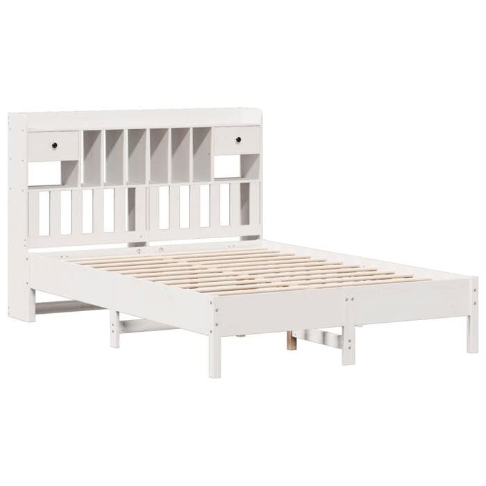 Lit bibliothèque 160 x 200 cm en bois de pin massif blanc - 2 personnes - Sans matelas - Sommier à lattes - Tiroirs intégrés_FR59276