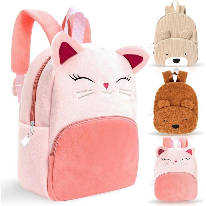 Sac à dos enfant chat rose - Pendentif nom personnalisable - Dos rembourré - Bretelles réglables